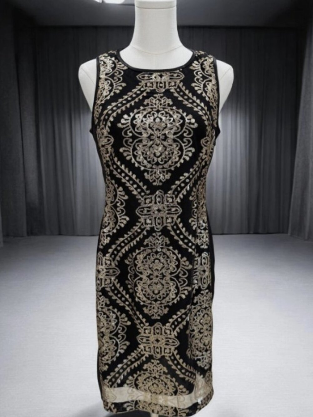Donna Ricco New York Black Gold Sequin Sheath Cocktail Dress Size 14